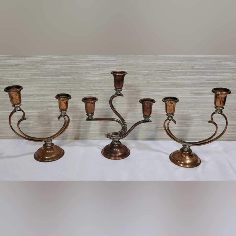 Vintage Venetian Copper Mid Century Modern 1950's Candelabras Set of 3
